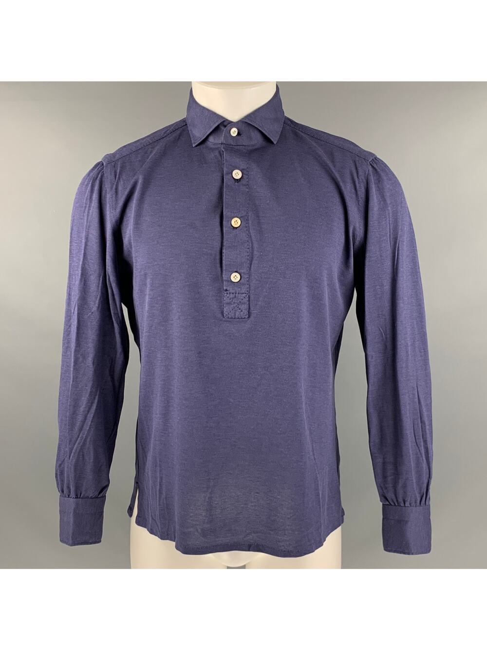 FIORENZO Size S Navy Solid Cotton Long Sleeve Polo